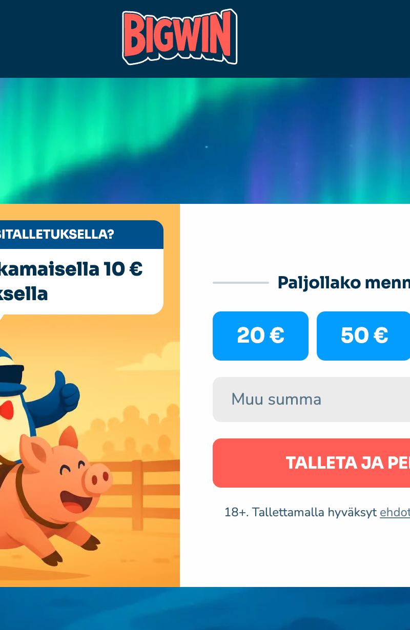 BigWin kasino MEGAkierros 10 euron panos tervetuliaistarjous