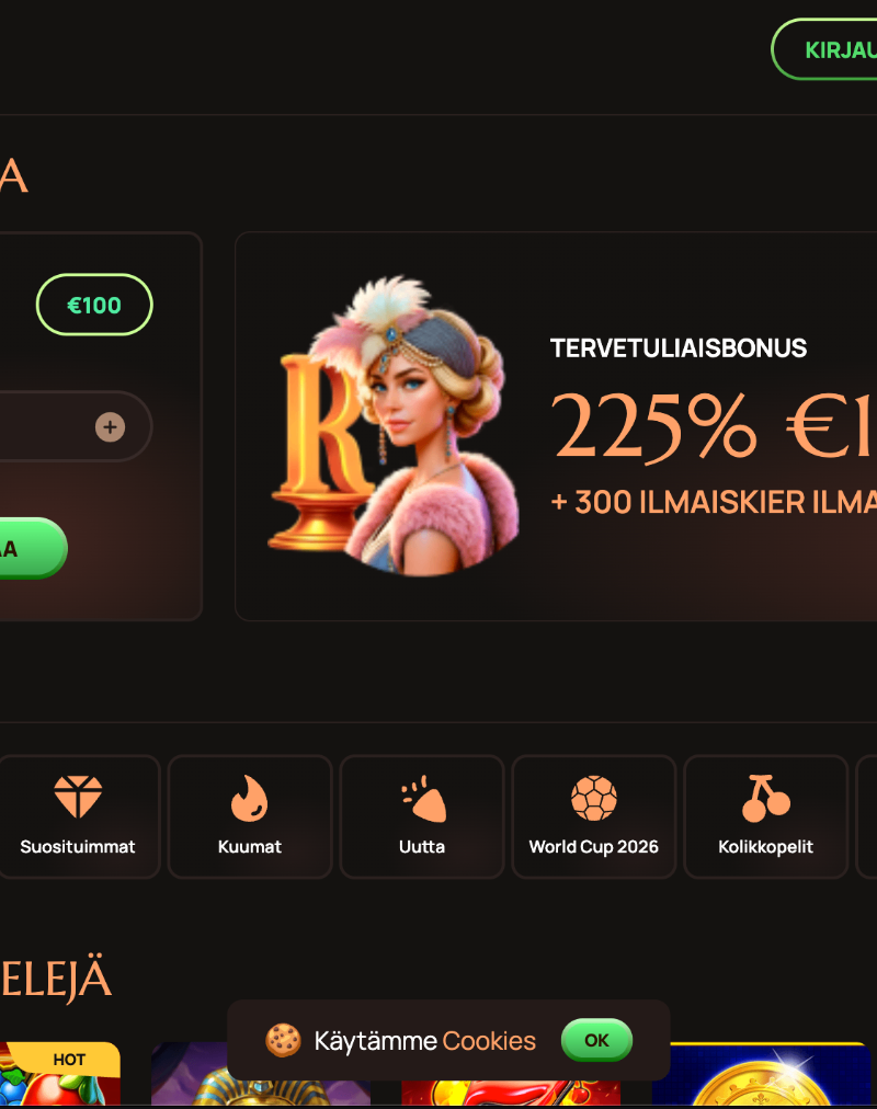 Ritzo kasino tervetuliaisbonus 225% 1000 euroa 300 ilmaiskierrosta