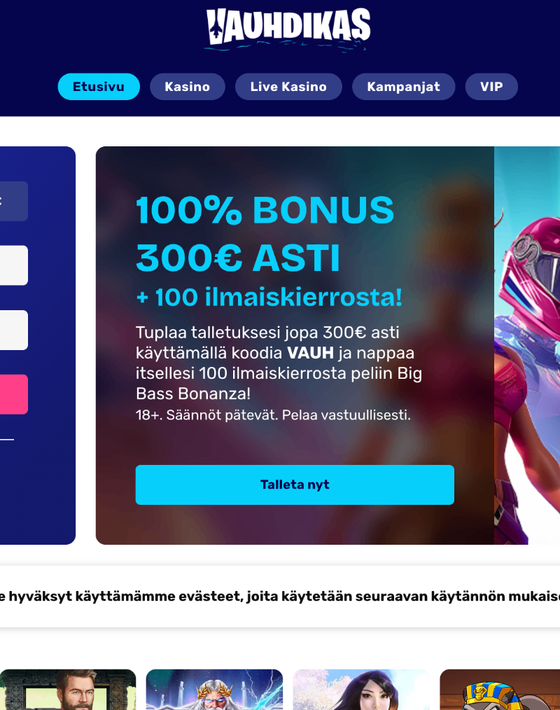 Vauhdikas kasino 100% bonus 300 euroa 100 ilmaiskierrosta Big Bass Bonanza