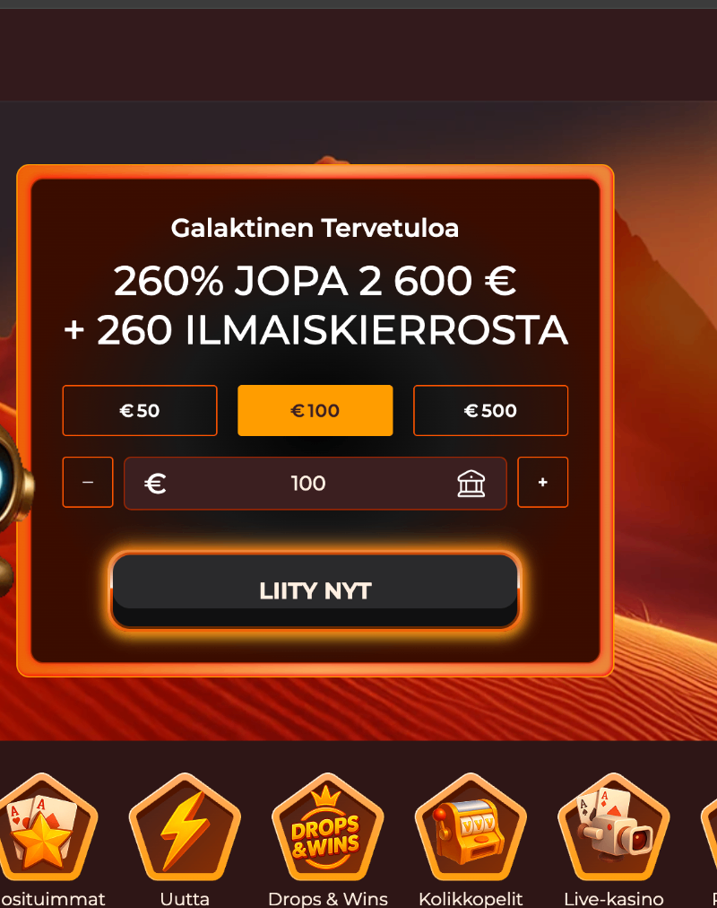VegaZone kasino etusivu tervetuliaisbonus 260% 2600 euroon ja 260 ilmaiskierrosta